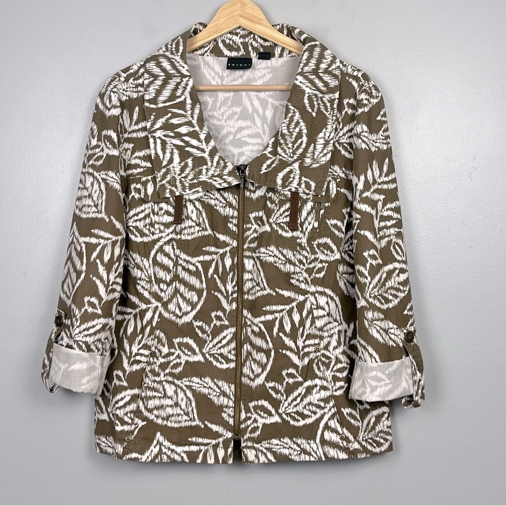 Tribal greenish brown & white roll tab sleeve zip front jacket, size 14.